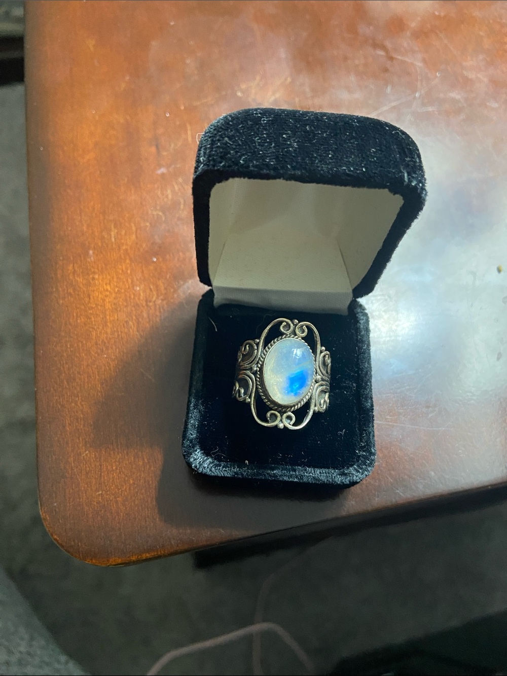 Filigree Silver-Tone Moonstone Ring with Blue Flash - Women's Jewelry